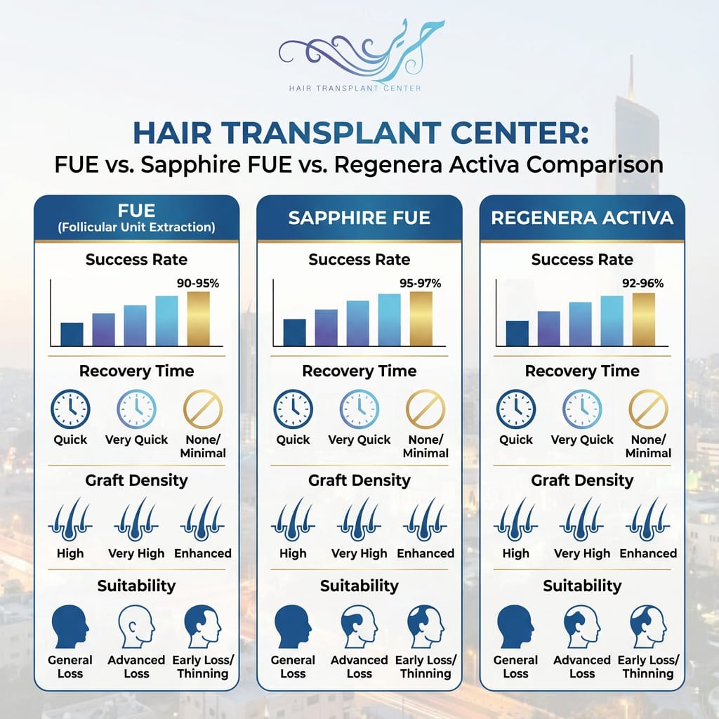 Latest Hair Transplant Techniques 2025 in Jordan: FUE vs Sapphire vs Regenera Activa Comparison